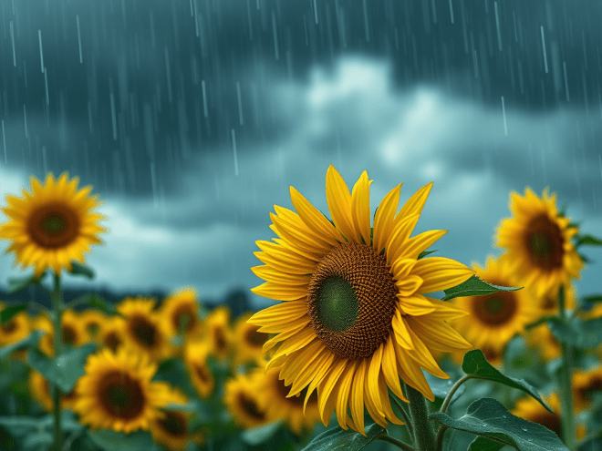 Sunflower in rain